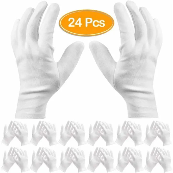 Paquete de 24 guantes de algodón blanco -7.5 '' L guantes de trabajo guantes hidratantes cosméticos para manos secas y eccema, inspección de joyas - 1