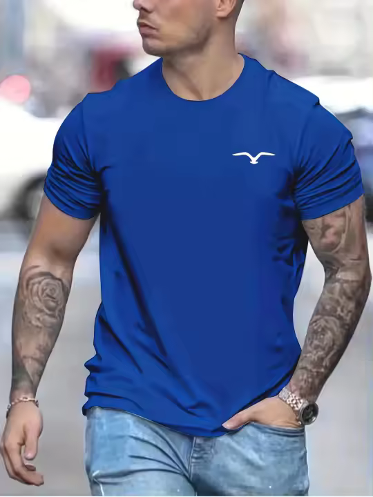 Camiseta De Verano Para Hombre Algodón 100% Cómoda Y Ajustada Con Estampado De Pájaro Cuello Redondo Manga Corta Deportiva Casual - 1