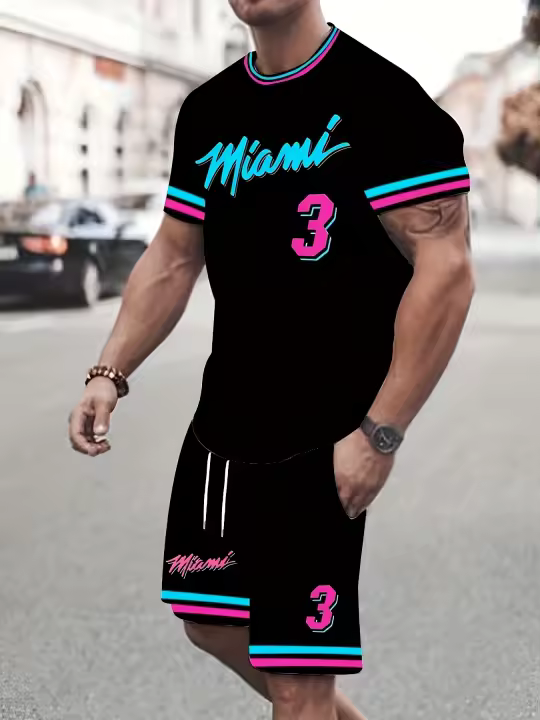 Traje De Verano Para Hombre 3D Imprimido Deportivo Casual Wear De Polyester Cerrado Tipo O Pantalón Con Cierre De Cordón - 1