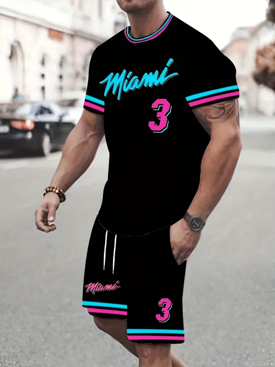 Traje De Verano Para Hombre 3D Imprimido Deportivo Casual Wear De Polyester Cerrado Tipo O Pantalón Con Cierre De Cordón - 1