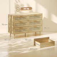 HOMCOM Cómoda 6 Cajones con Frontal de Ratán, Cómoda Dormitorio con Patas de Madera, Cajonera para Salón, Oficina, Estilo Bohemio, 110x40x75 cm, Roble - details 2