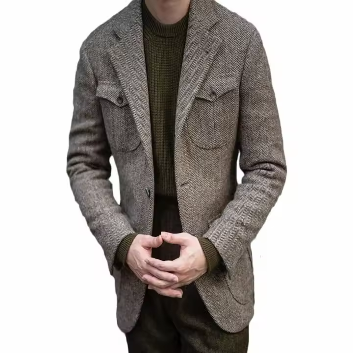 Traje De Negocios Vintage Para Hombre 2024 Traje De Boda Slim Fit Tweed Herringbone Chaqueta De Notch Lapel Traje De Male Blazer - 1