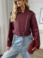 Chaqueta De Cuero PU Para Mujer Fitaylor Cierre De Cremallera Estilo Casual Con Cuello En V Y Cinturón Moto Outwear - details 0