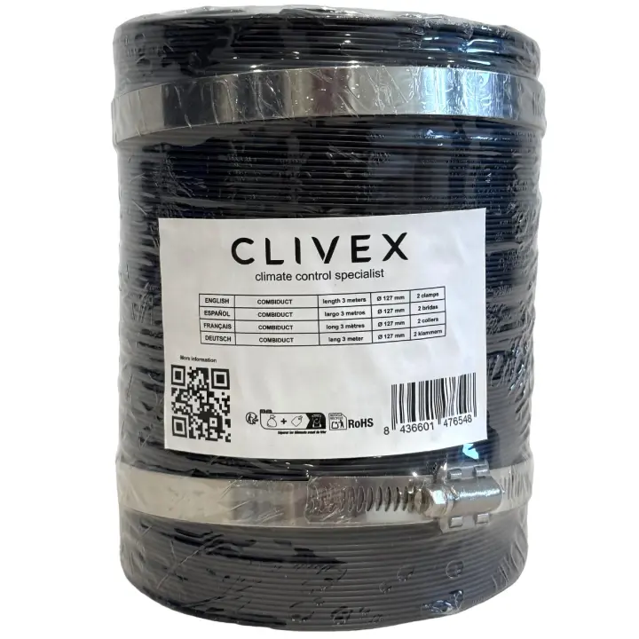 Clivex Combiduct 127mm (3m) Tubo de aluminio y PVC Flexible con abrazaderas incluidas, reduce el ruido de tu intracción o extracción - 1