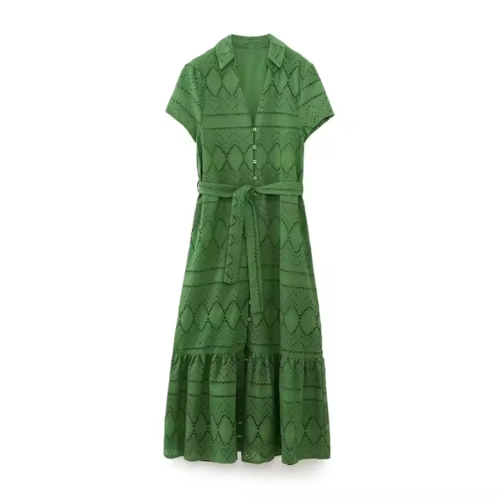 Vestido De Mujer Taop&Za Primavera 2024 Estilo Casual Con Cuello De Botón Y Cinturón Bordado Hueco Largo Hasta La Rodilla Polyester - 1