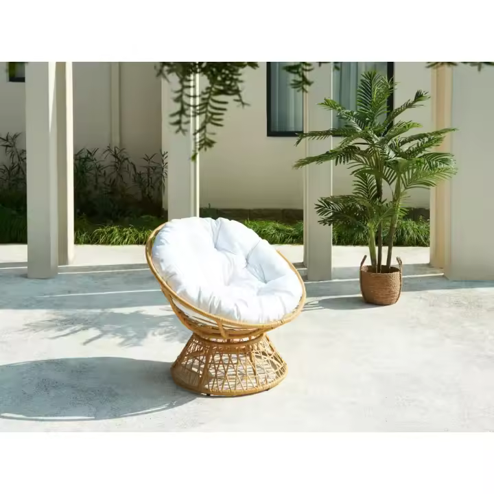 Vente-unique - Sillón giratorio de resina trenzada - Natural claro y cojín blanco - SYNDRA de MYLIA - 1