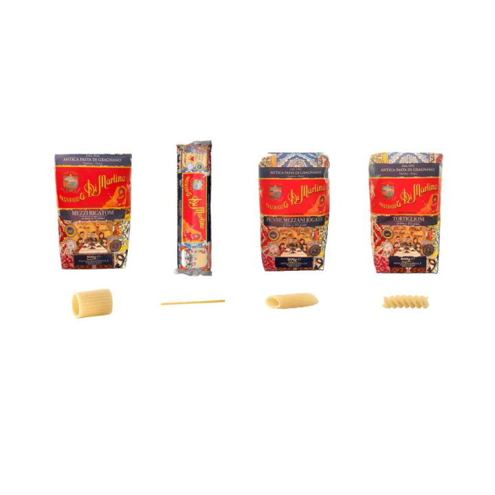 Di Martino, Pasta de Gragnano 500g, Diseño Dolce & Gabbana, Importado de Italia. (Pack 4 Unidades variadas. Mezzi Rigatoni, Spaghetti, Penne Mezzani Rigate,Tortiglioni)