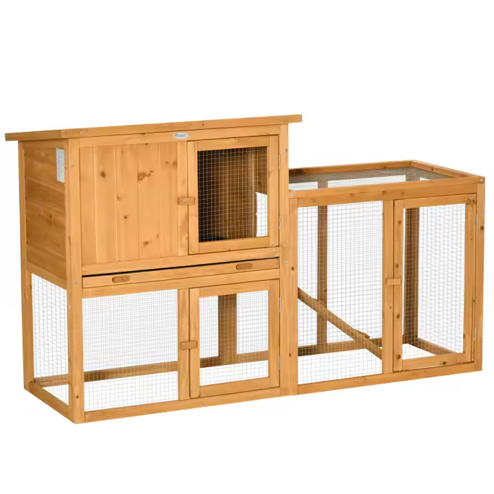 PawHut Conejera para animales pequeños con bandeja de suelo extraíble y rampa Casa para animales pequeños Jaula para animales pequeños Exterior Interior Madera de abeto Naranja 141 x 60 x 86 cm - 1