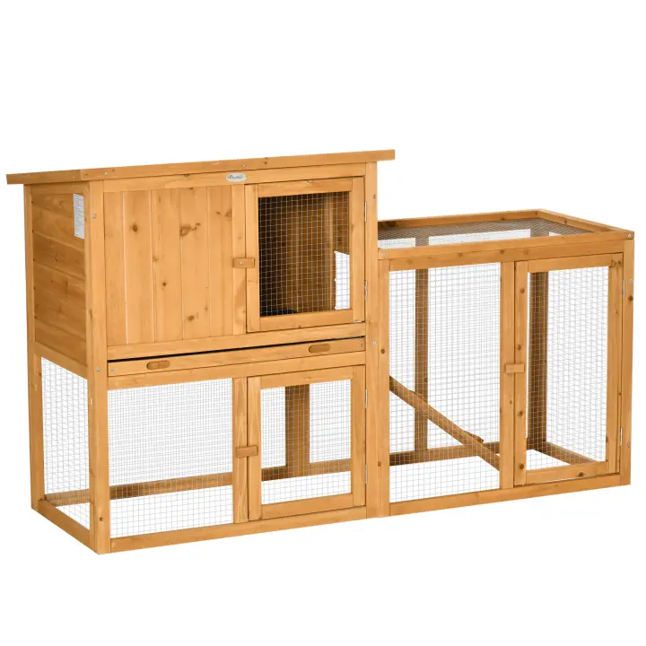 PawHut Conejera para animales pequeños con bandeja de suelo extraíble y rampa Casa para animales pequeños Jaula para animales pequeños Exterior Interior Madera de abeto Naranja 141 x 60 x 86 cm - 1