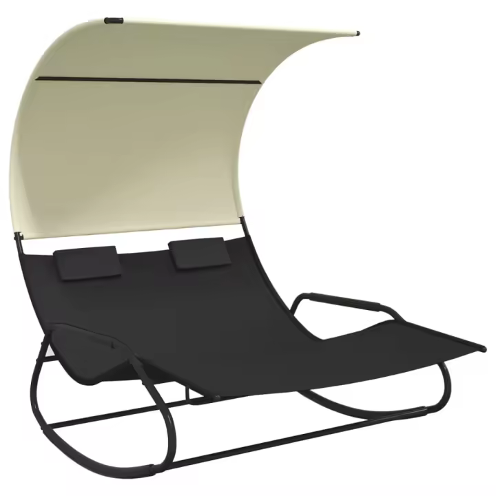 vidaXL Tumbona mecedora doble con toldo y Negro, Gris, Crema Sillas de Exterior Ideal para jardín, playa, piscina, terraza Tumbona Piscina Tumbonas Playa Tumbonas Jardín Exterior - 1
