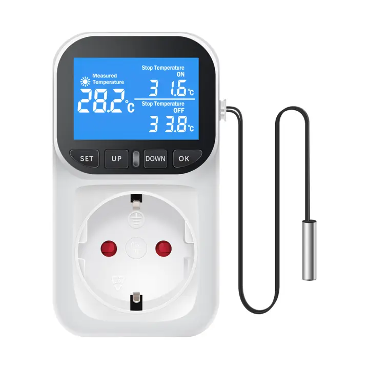 Controlador De Temperatura Digital Con Timer Y Sensor Probing Enchufe De Salida EU Plug Termómetro Para Calentamiento Y Enfrío 16A Con Luz Trasera - 1