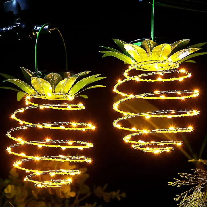 HKK 2 paquetes de luces solares de piña de metal 60 LED piña al aire libre colgante alambre luz impermeable Sola - 1