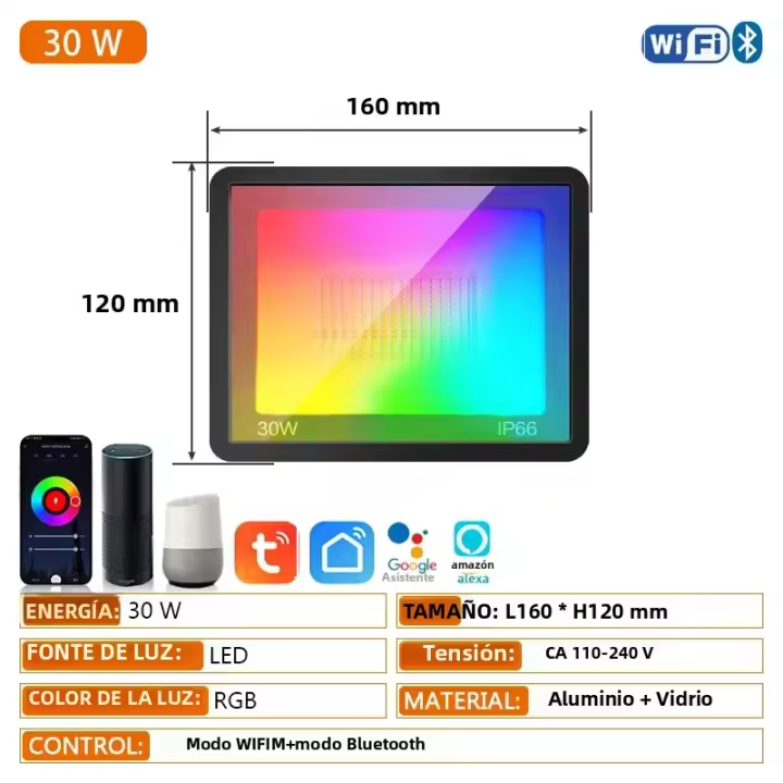 Floodlight Inteligente RGB TUYA Control Por App Y Voz 30W 50W 100W 220V AC Luz Exterior Para Jardín Fiesta Moderna IP66 - 1