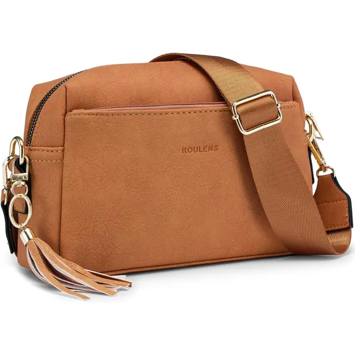 Bolso bandolera Pequeño de 3 compartimientos con Cremallera, Bolso de Cuero Vegana para teléfono, Bandolera with Correa Ancha ajustable y extraíble (Naranja) - 1