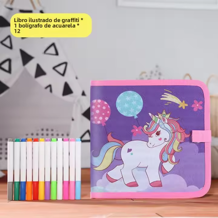 Tablero De Esbozo Para Niños Con 12 Rotuladores De Agua Coloridos Limpieza Reiterativa Libro De Dibujo Y Escritura Incluye Bolígrafo Negro - 1