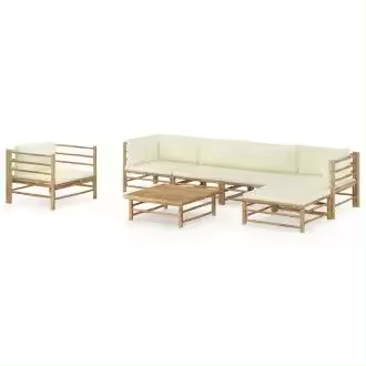 VIDAXL set de muebles para el jardín de 7 piezas fabricado en bambú con cojines en color blanco crema - 1