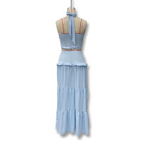 Conjunto Elegante De 2 Piezas Para Mujer Halter Sin Espalda Camisola De Cintura Elástica Con Volantes + Falda Larga De Encaje Sólida Vestido De Noche Para Fiesta Y Vacaciones En La Calle - details 10