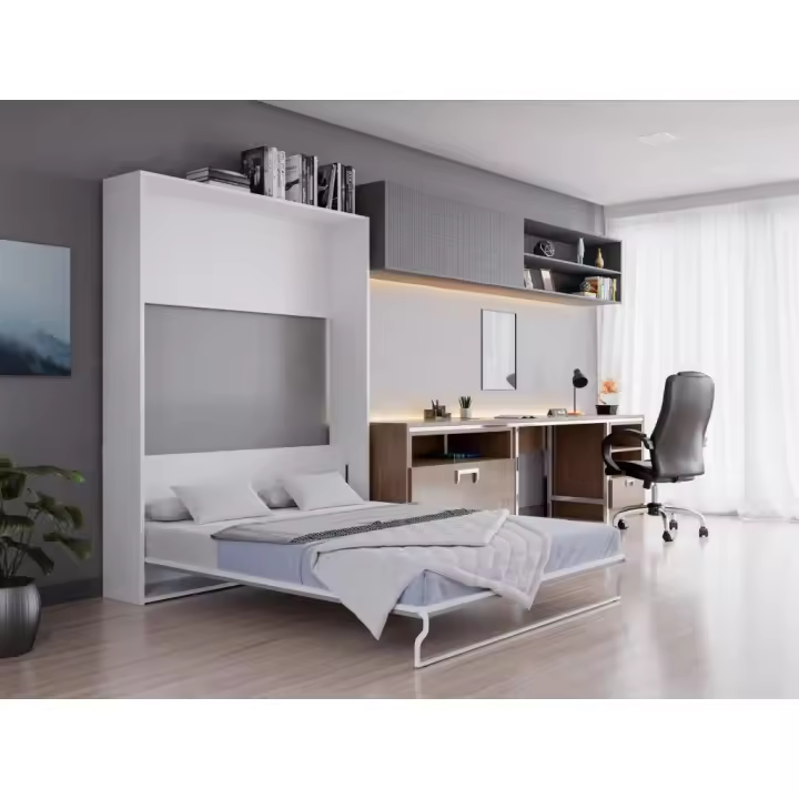 Vente-unique - Cama abatible 160 x 200 cm - Apertura vertical manual - blanco y gris - MALINA II - 1