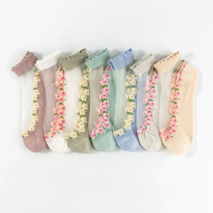 7 Pares De Calcetines De Seda Con Diseño Floral Para Mujer Calcetines De Verano Delgados Y Cristalinos Para Primavera - 1