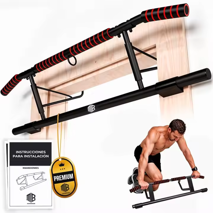 ManiBoom Barra Dominadas Puerta MULTIFUNCIONAL Sin Tornillos y PLEGABLE Carga 200kg - Pull Up Bar para Colgarse Ajuste PRECISO y Agarre Ergonomico- Barra Abdominales, Calistenia - 1