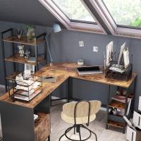 Escritorio de esquina con archivador y estantes, diseño industrial, fácil montaje, para oficina en casa, marco de acero, marrón rústico y negro - details 6