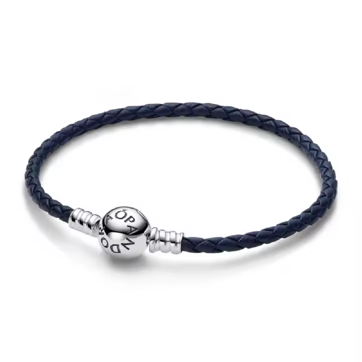 Pulsera Cuero Trenzado Azul con Cierre Redondo - 1