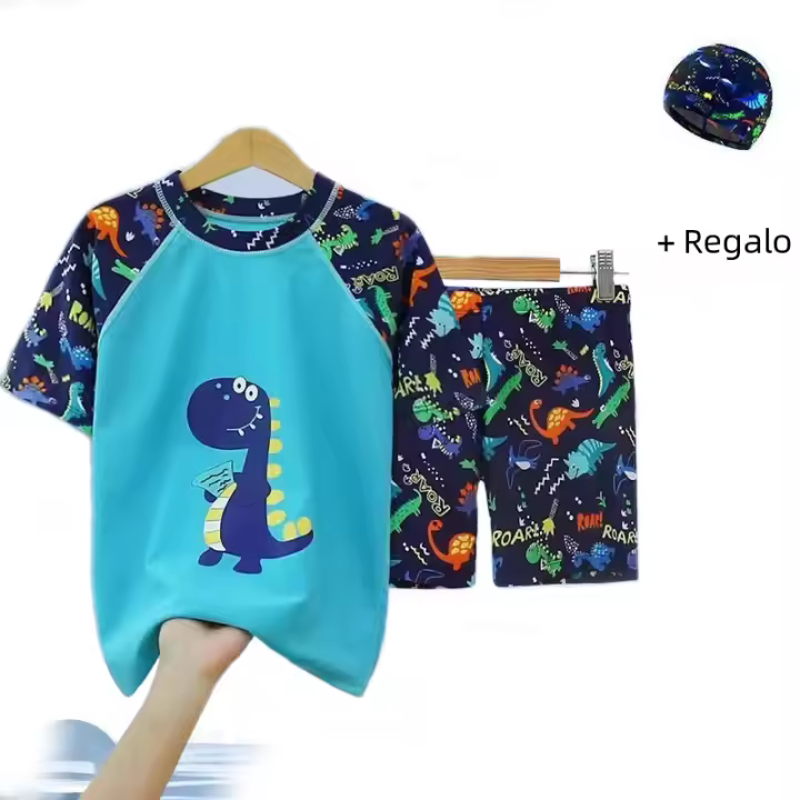Conjunto De 3 Piezas De Moda Para Niños Natación Con Estampado Cartoon Ropa De Baño Para Niños Con Sombrero Traje De Surf Para Niños Ropa De Playa - 1