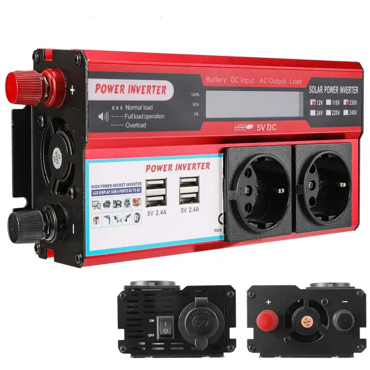 Convertidor, Inversor de corriente para coche, Inversor de coche DC 12V a AC 220V 230V, Transformador de onda sinusoidal pura, Convertidor inversor de potencia sinusoidal pura, Pantalla LCD, 4 USB - 1