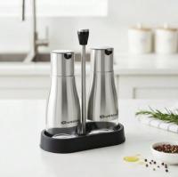 MAXHOME-Set de 2 aceiteras de acero inoxidable con soporte, botellas para aceite y vinagre de 320 ml, resistentes y fáciles de usar, perfectas para cocina, mesa y hogar, 18 x 9.5 x 23 cm - details 1