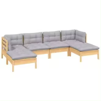 VIDAXL set de sillones para jardín de 6 piezas hecho en madera con reposapiés color madera natural y cojines color gris - 1