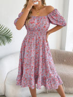 Vestido Elegante De Primavera Y Verano Para Mujer Con Estampado Floral Cuello Cuadrado Manga Corta Volante Al Borde Vestido A-Line De Rodilla - details 13