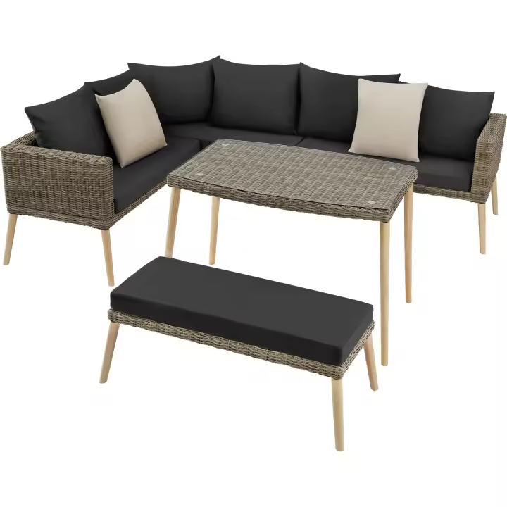 Tectake - Conjunto de ratán con estructura de aluminio PULA, Cómodo conjunto de ratán con grueso acolchado y cojines, Trenzado de ratán sintético de calidad, resistente a los rayos UVA, Estructura estable de aluminio ligero e inoxidable - 1