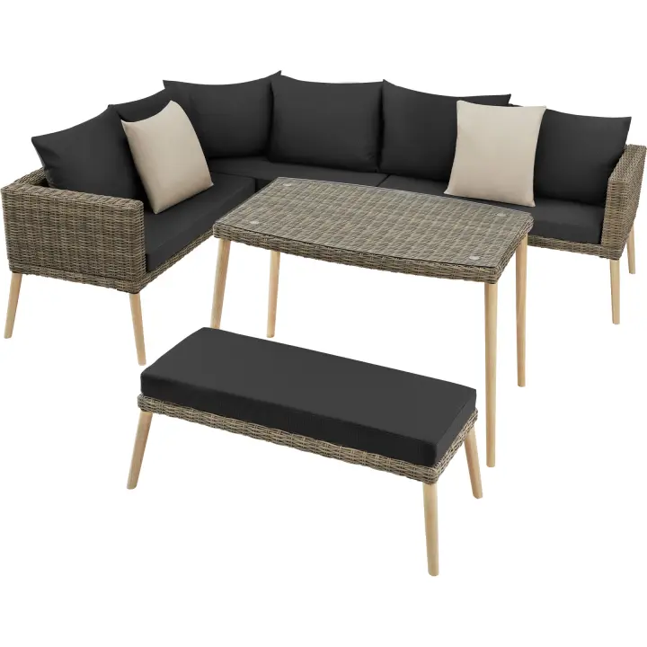 Tectake - Conjunto de ratán con estructura de aluminio PULA, Cómodo conjunto de ratán con grueso acolchado y cojines, Trenzado de ratán sintético de calidad, resistente a los rayos UVA, Estructura estable de aluminio ligero e inoxidable - 1
