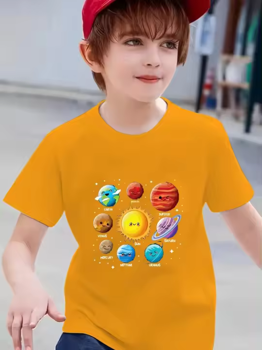 Camiseta De Algodón Para Niños Con Estampado De Aventura Cósmica Manga Corta Versátil Ropa Creativa Para Verano - 1