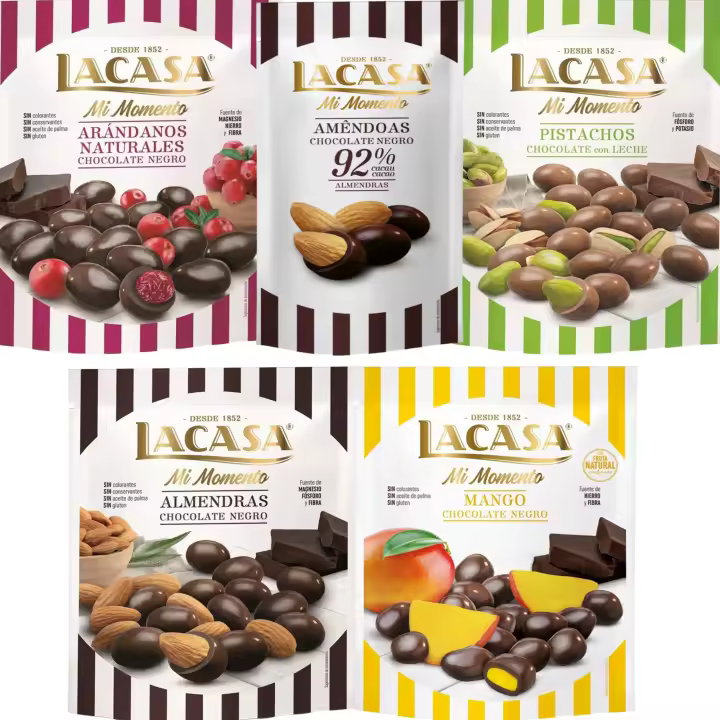 Lacasa Mi Momento pack de 5:Almendra 92% 65G,Arándano choco Negro 125G,Almendra choco Negro 125G,Pistacho Leche 100G,Mango choco Negro 115G - 1