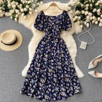 Vestido Midi Elegante De Verano Para Mujer Con Cuello En V Estampado Floral Manga Acolchada Cintura Alta Botones Vestido De Playa Rojo/Amarillo/Negro - details 6