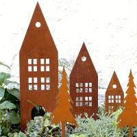 Decoración De Jardín Navideña Rustica - Conjunto De 3 Piezas De Hierro Con Castillo Casa Y Árboles Para Adornos De Césped De Navidad - details 0