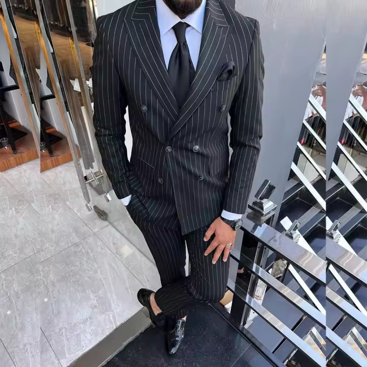 Traje De Novio Elegante Para Hombre En Microfibra Y Poliéster Con Rayas Negras Cuello En Pico Doble Botones Pantalón Y Chaqueta 2 Piezas Para Bodas Y Fiestas - 1