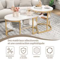 Set de Mesas de Centro Modernas Doradas 2 Piezas, Tablero Efecto Mármol Blanco, Diseño Redondo + Rectangular con Estante, Estructura Metálica y Almacenamiento Abierto - details 2