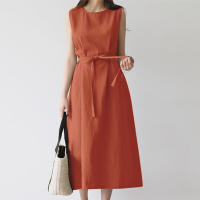Vestido Largo De Verano Para Mujer Estilo Vintage De Algodón Y Lino Cuello Redondo Sin Mangas Cinturado Talla Grande Casual - details 13