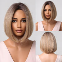 Pelucas Sintéticas Cortas Y Rectas Para Mujeres De Color Rubio a Marrón Ombre Con Flequillo Peluca Bob Resistente Al Calor Para Cosplay Diario Y Fiestas Falso Cabello Tamaño Promedio - details 15