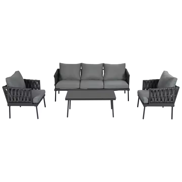 Conjunto chaise longue de Jardín, Conjunto de muebles de Jardín con cojines, de 3 plazas Sofá, 2 sillones y Mesa de Centro, Exterior, Tapa de Cristal, Brazos de Cuerda trenzada, Acero vanizado, gris - 1