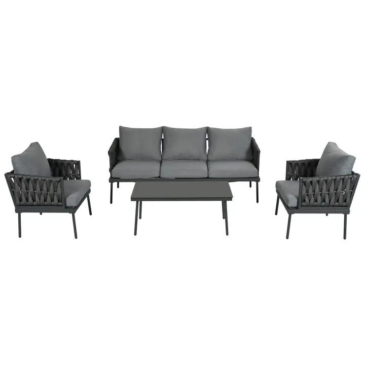 Conjunto chaise longue de Jardín, Conjunto de muebles de Jardín con cojines, de 3 plazas Sofá, 2 sillones y Mesa de Centro, Exterior, Tapa de Cristal, Brazos de Cuerda trenzada, Acero vanizado, gris - 1