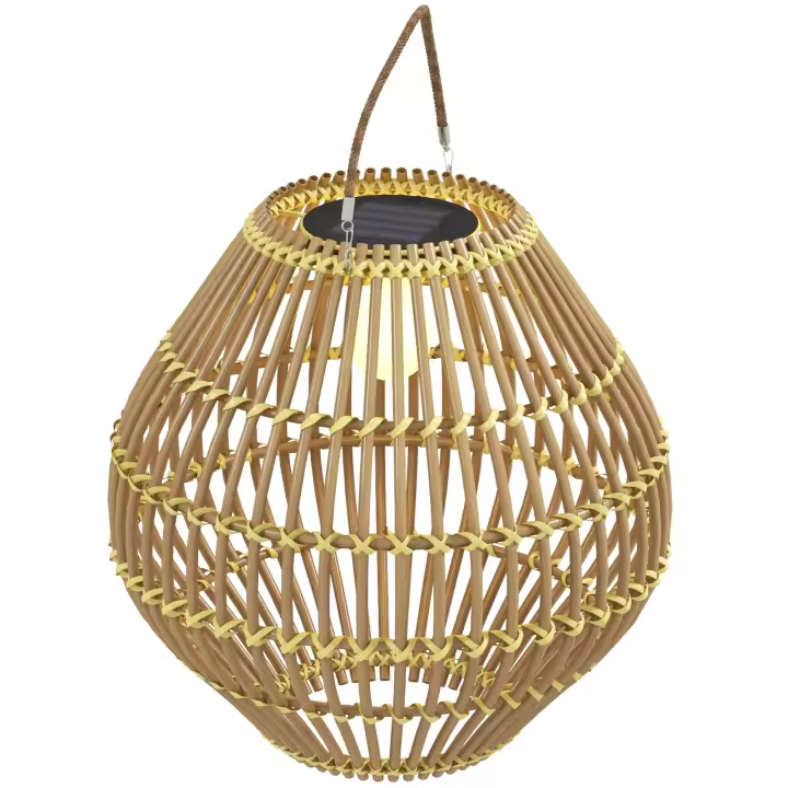 Outsunny Luz Solar, Luz de Jardín de Ratán, Lámpara Solar Impermeable con Sensor de Luz, Lámpara de Jardín LED con Diseño de Tambor, para Terraza, Balcón, Acero, Amarillo - 1