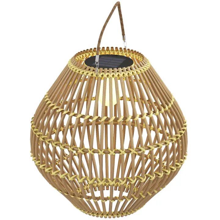 Outsunny Luz Solar, Luz de Jardín de Ratán, Lámpara Solar Impermeable con Sensor de Luz, Lámpara de Jardín LED con Diseño de Tambor, para Terraza, Balcón, Acero, Amarillo - 1
