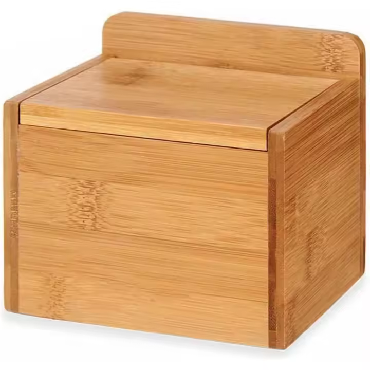 SALERO de Madera de Bambú con Tapa 14 cm - Color Marrón - Recipiente cuadrado con tapa - Diseño Elegante y se Adapta a Cualquier Estilo de Cocina. La Tapa de Bambú Mantiene la Sal Fresca y Seca - 1