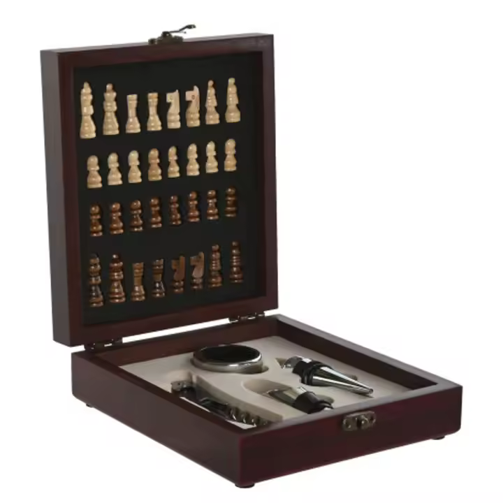 Set accesorios vino, caja ajedrez, abridor, tapón, vertedor, anillo antiderrames, granate, Regalolek - 1