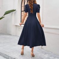 Vestido Elegante De Fiesta Para Mujer Cintura Alta A-Line De Color Sólido Con Manga Corta Estilo Francés Vestido De Cintura Cinchada Temperamento - details 16