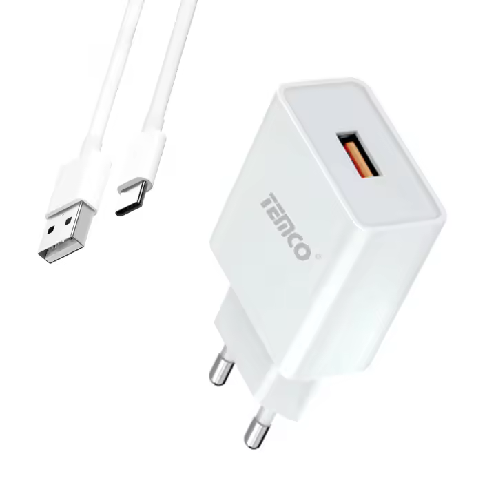 TEMCO Cargador Carga Rapida de Movil para Casa con Cable Tipo C 1m, Cargador USB con Cable opcional CARGADORES DE RED 18W + 1M CABLE TYPE C o Lightning 5V 3A 18W Cargador para Xiaomi Redmi, Huawei, Samsung, Oppo, Oneplus - 1