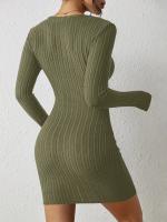Vestido De Punto De Manga Larga Con Cierres En Los Hombros Y Cuello Redondo De Color Sólido Para Mujer Estilo Casual De Temporada Otoño/ Invierno - details 5